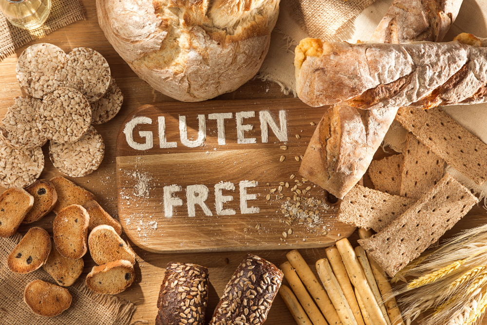 gluten free food various pasta bread snacks wooden background from top view